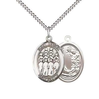 St Cecilia Choir Sterling Silver Medium Oval Medal Necklace with Plated Chain, 3/4-inch tall by 1/2-inch wide, Bliss Manufacturing