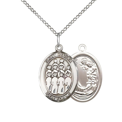 St Cecilia Choir Sterling Silver Medium Oval Medal Necklace with Sterling Silver Chain, 3/4-inch tall by 1/2-inch wide, Bliss Manufacturing