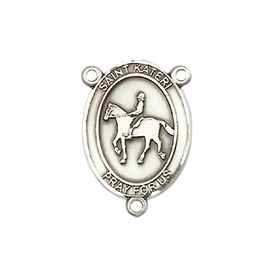 St. Kateri EquestrianEngravable Rosary Centerpiece, Measures 3/4-inch by 1/2-inch, available in pewter, sterling silver, 14kt gold-filled and 14kt gold, Bliss Manufacturing