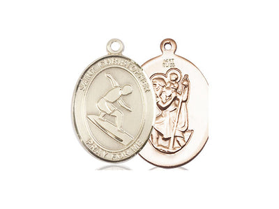 Saint Christopher Surfing Catholic Patron Saint Medal, 14kt gold, Bliss Manufacturing