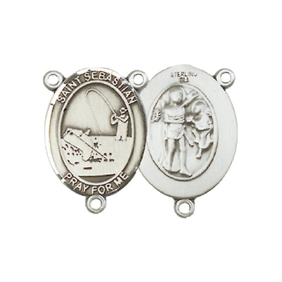 St. Sebastian Fishing Engravable Rosary Centerpiece, 3/4-inch, pewter / sterling silver / gold-filled, Bliss Manufacturing