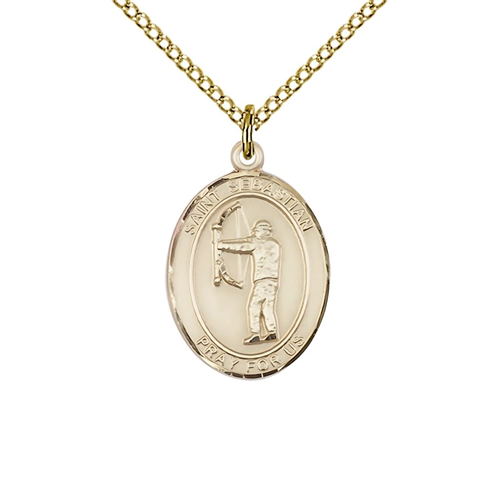 St. Sebastian Archery 14kt Gold-filled Oval Medal with Gold-filled Curb Chain, Measures 3/4-inch x 1/2-inch, Made in USA by Bliss