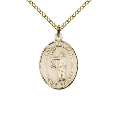 St. Sebastian Archery 14kt Gold-filled Oval Medal with Gold-filled Curb Chain, Measures 3/4-inch x 1/2-inch, Bliss Manufacturing