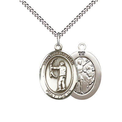 St. Sebastian Archery Pewter Oval Medal with Plated Curb Chain, Measures 3/4-inch x 1/2-inch, Bliss Manufacturing