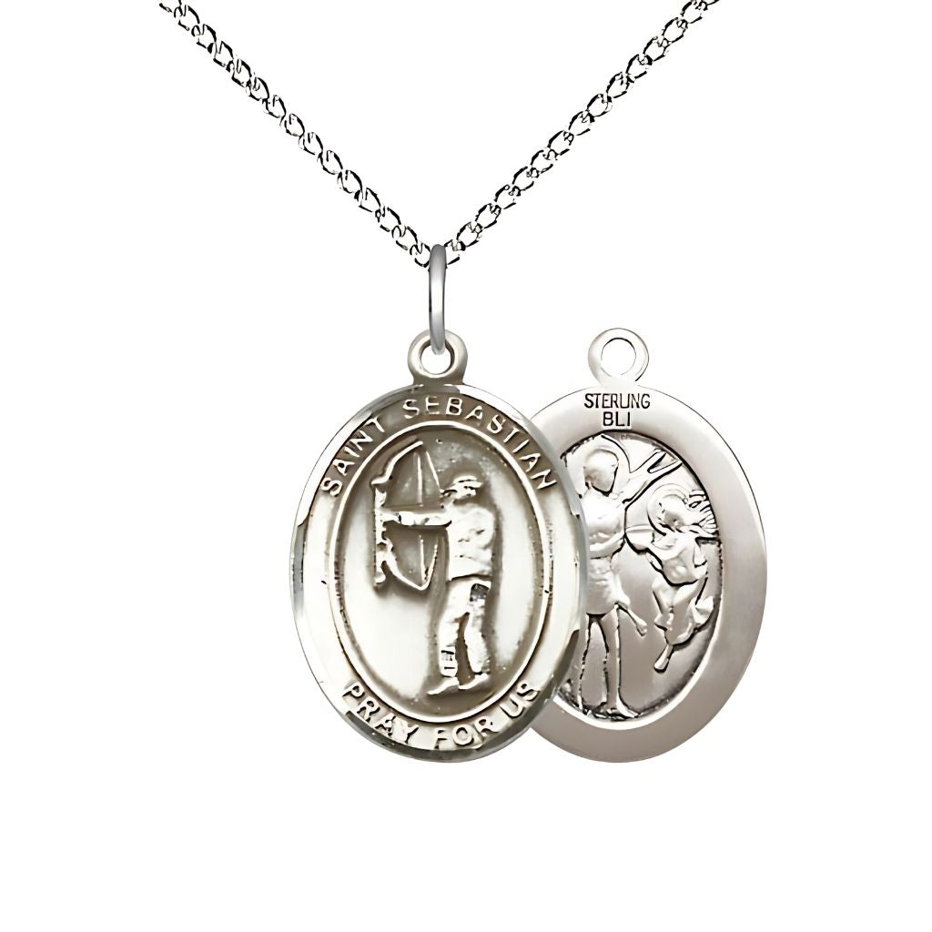 St. Sebastian Archery Sterling Silver Oval Medal with Sterling Curb Chain, Measures 3/4-inch x 1/2-inch, Made in USA by Bliss