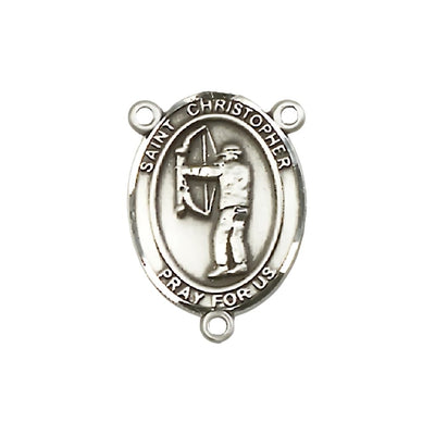 St. Christopher Archery Engravable Rosary Centerpiece, 3/4-inch, pewter / sterling silver / gold-filled, Bliss Manufacturing
