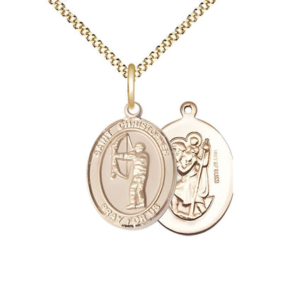 St. Christopher Archery 14kt Gold-filled Oval Medal with Gold-plated Curb Chain, Measures 3/4-inch x 1/2-inch, Bliss Manufacturing