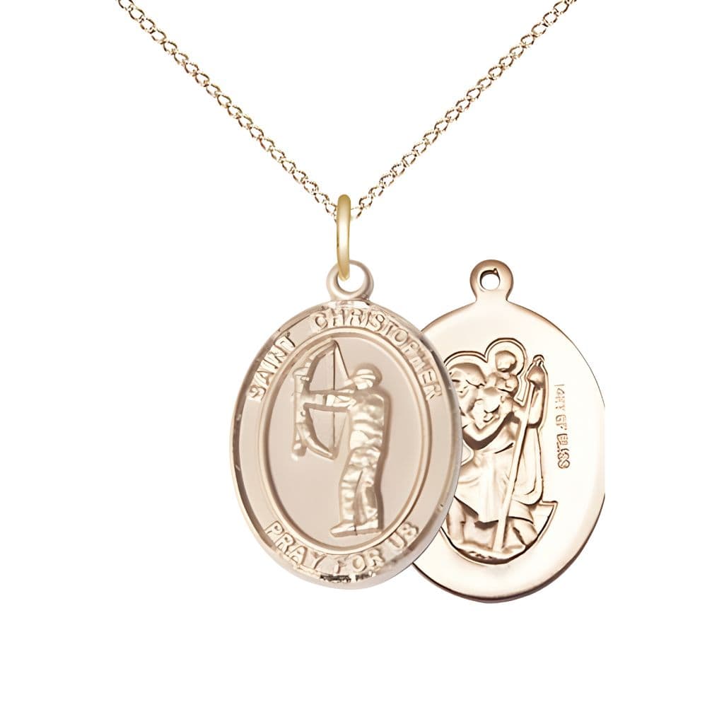 St. Christopher Archery 14kt Gold-filled Oval Medal with Gold-filled Curb Chain, Measures 3/4-inch x 1/2-inch, Made in USA by Bliss