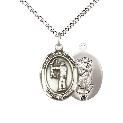 St. Christopher Archery Pewter Oval Medal with Plated Curb Chain, Measures 3/4-inch x 1/2-inch, Bliss Manufacturing