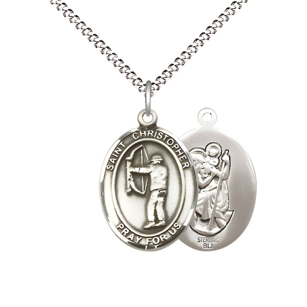 St. Christopher Archery Sterling Silver Oval Medal with Plated Curb Chain, Measures 3/4-inch x 1/2-inch, Made in USA by Bliss