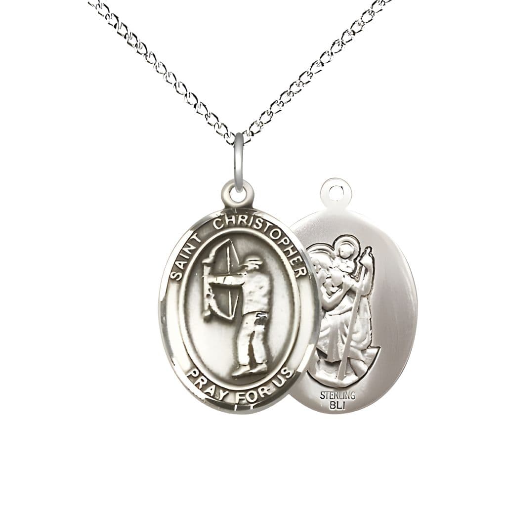 St. Christopher Archery Sterling Silver Oval Medal with Sterling Silver Curb Chain, Measures 3/4-inch x 1/2-inch, Made in USA by Bliss