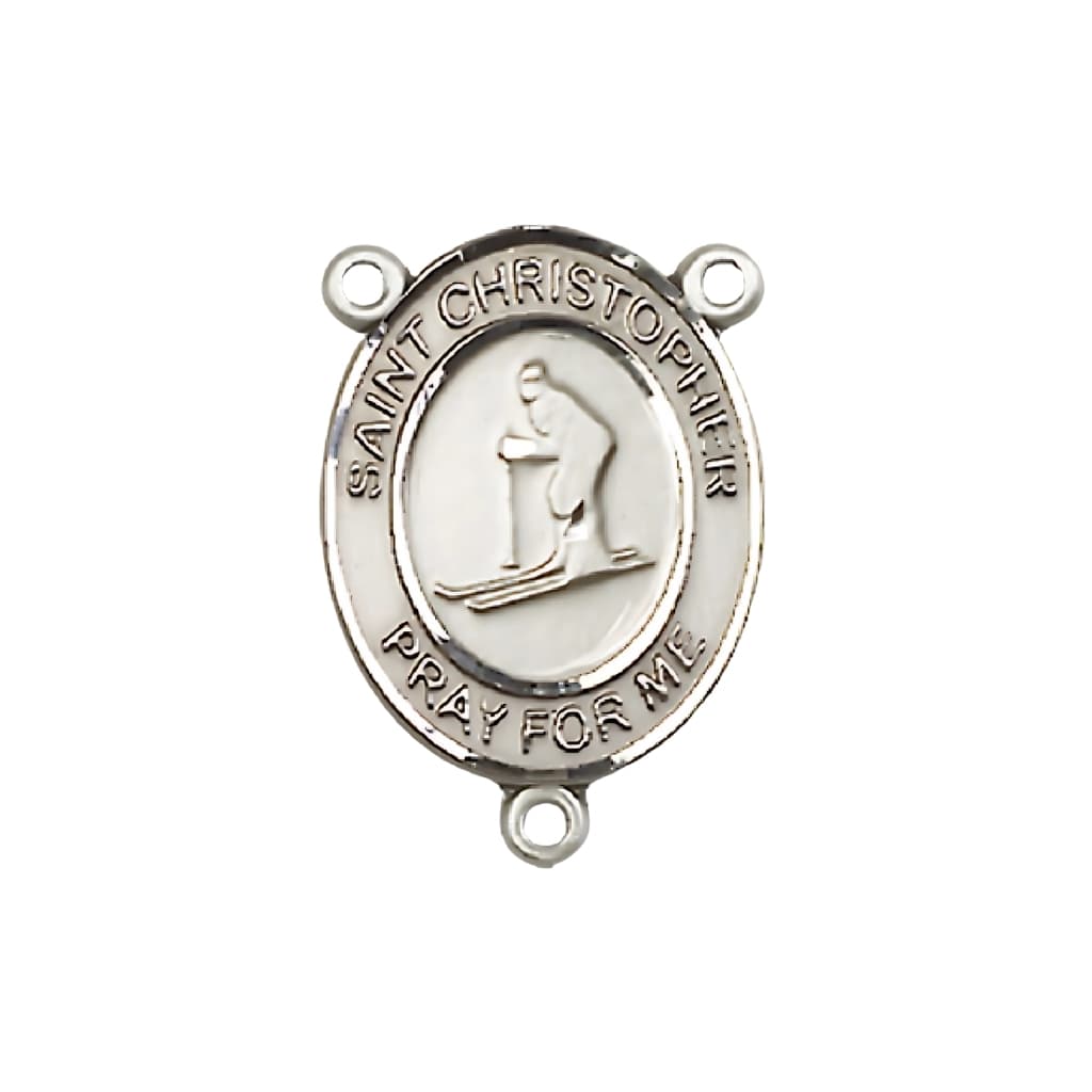 Bliss St. Christopher Skiing Engravable Rosary Centerpiece in Silver, 3/4-inch,