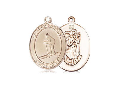 St Christopher Skiing Catholic Patron Saint Medal, 14kt gold, Bliss Manufacturing