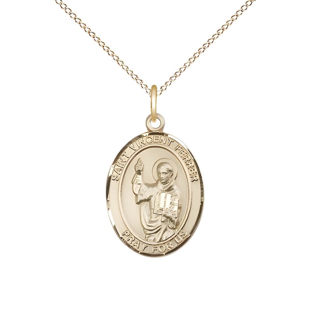 Bliss St. Vincent Ferrer 14kt Gold-filled Oval Medal Pendant with Gold-filled Chain, Measures 3/4-inch tall by 1/2-inch wide.