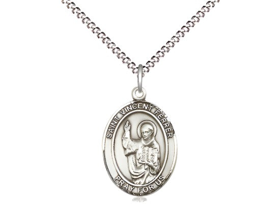 Bliss Medium Pewter St Vincent Ferrer Pendant on a 18 inch Light Rhodium-plated Light Curb Chain,