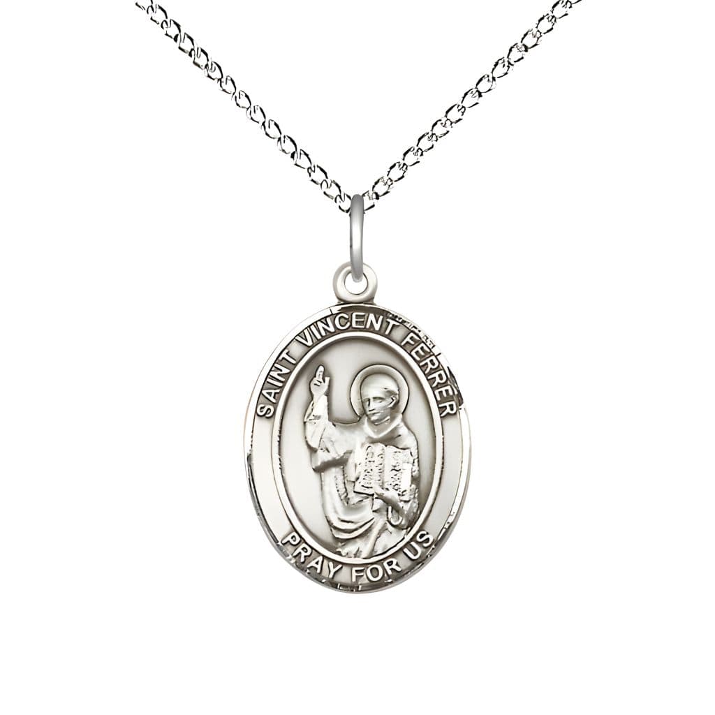 Bliss St. Vincent Ferrer Sterling Silver Oval Medal Pendant with Sterling Chain, Measures 3/4-inch tall by 1/2-inch wide.
