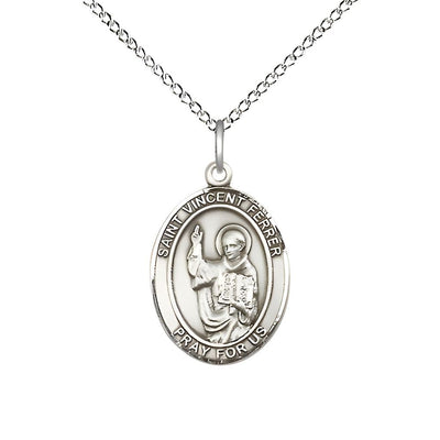 St. Vincent Ferrer Sterling Silver Oval Medal Pendant with Sterling Chain, Measures 3/4-inch tall by 1/2-inch wide, Bliss Manufacturing