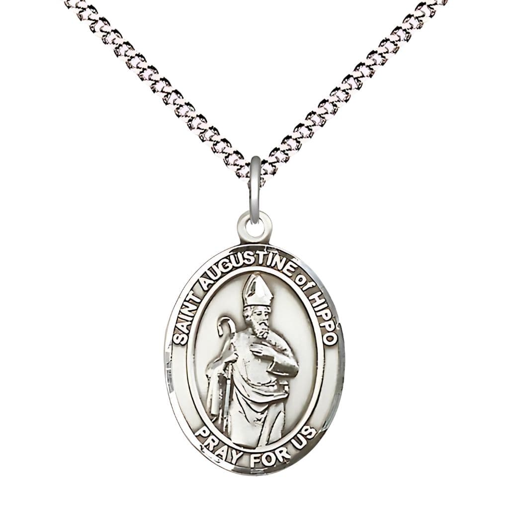 Bliss St. Augustine of Hippo Pewter Oval Engravable Medal Necklace with Plated Chain, 3/4-inch,