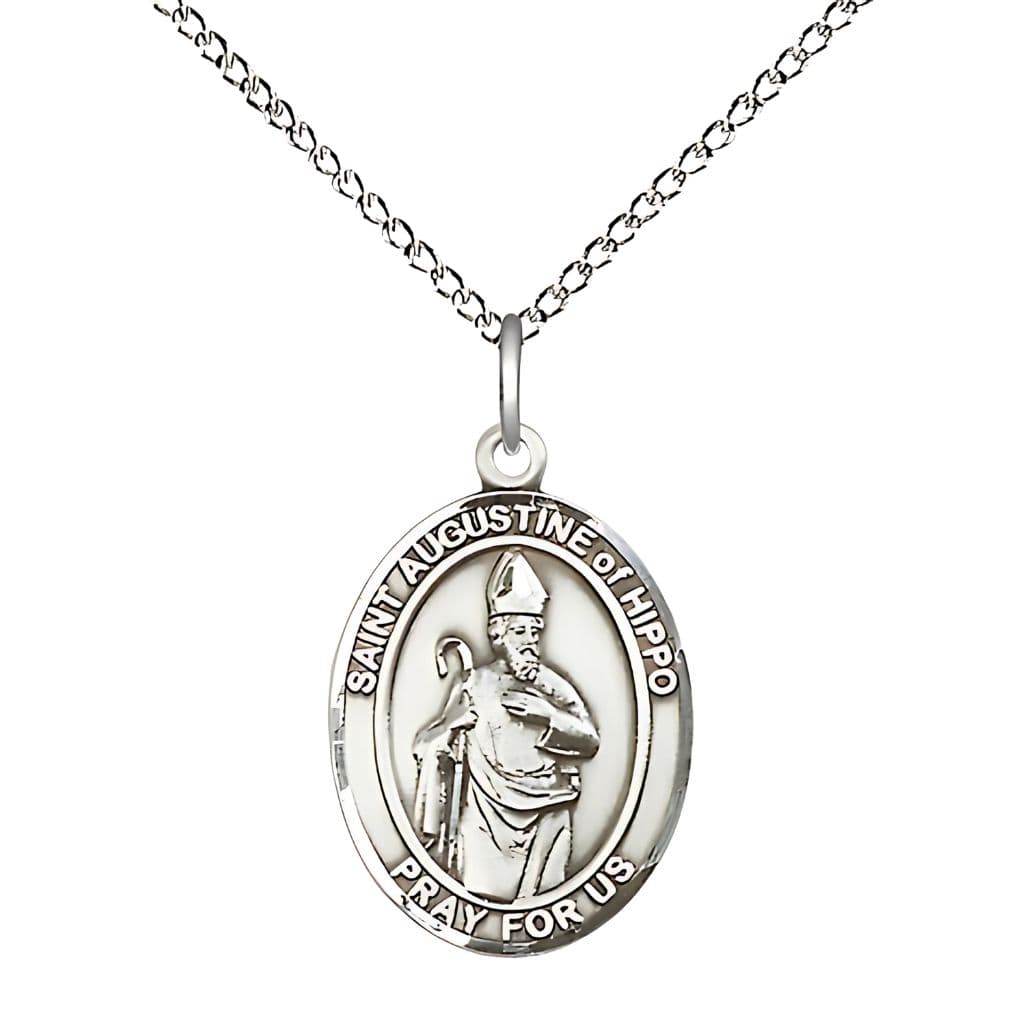 Bliss St. Augustine of Hippo Sterling Silver Oval Engravable Medal Necklace with Sterling Chain, 3/4-inch,
