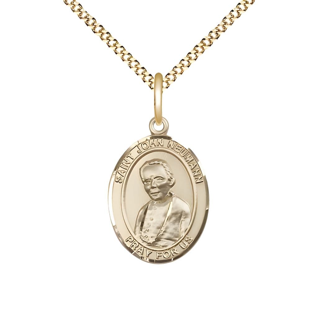 Bliss St. John Neumann 14kt Gold-filled Oval Medal Pendant with Gold-plated Chain, Measures 3/4-inch tall by 1/2-inch wide.