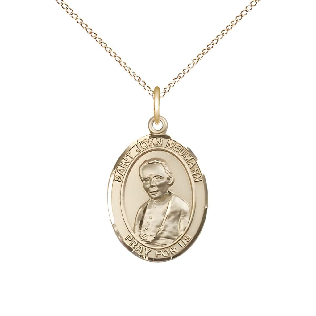 Bliss St. John Neumann 14kt Gold Oval Medal Pendant with 14kt Gold Chain, Measures 3/4-inch tall by 1/2-inch wide.