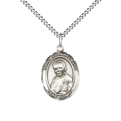 St. John Neumann Sterling Silver Oval Medal Pendant with Rhodium-plated Chain, Measures 3/4-inch tall by 1/2-inch wide, Bliss Manufacturing