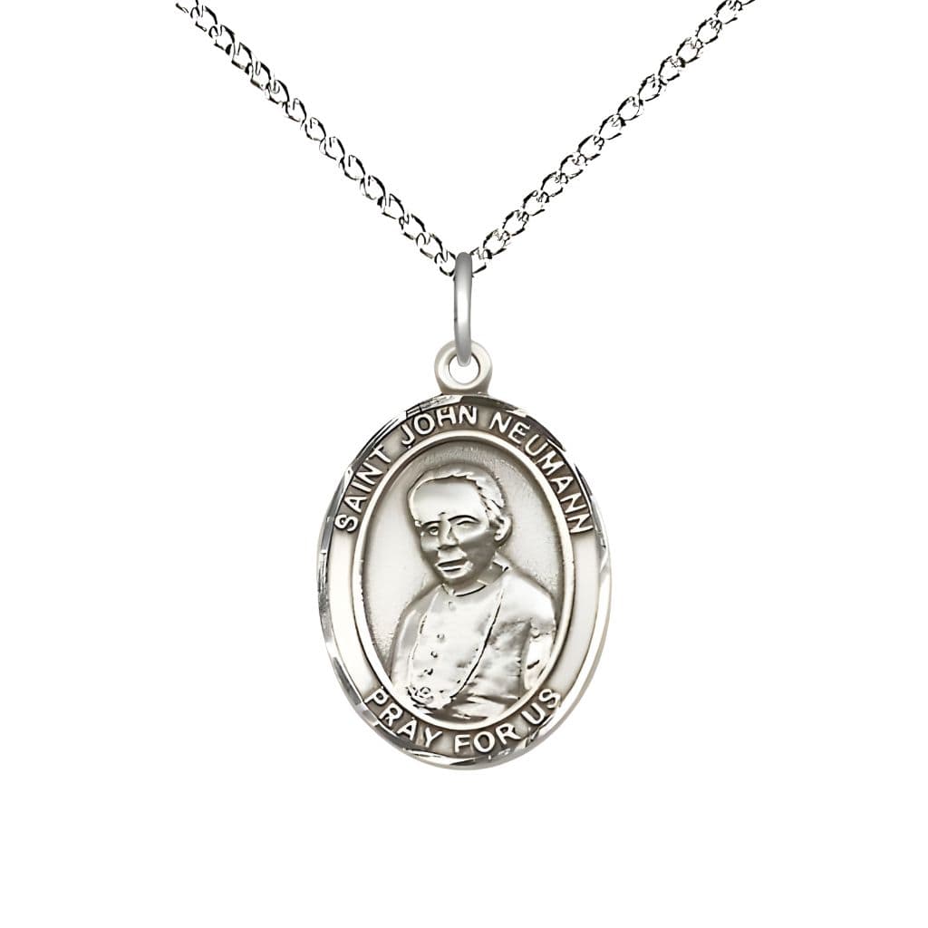 Bliss St. John Neumann Sterling Silver Oval Medal Pendant with Sterling Chain, Measures 3/4-inch tall by 1/2-inch wide.