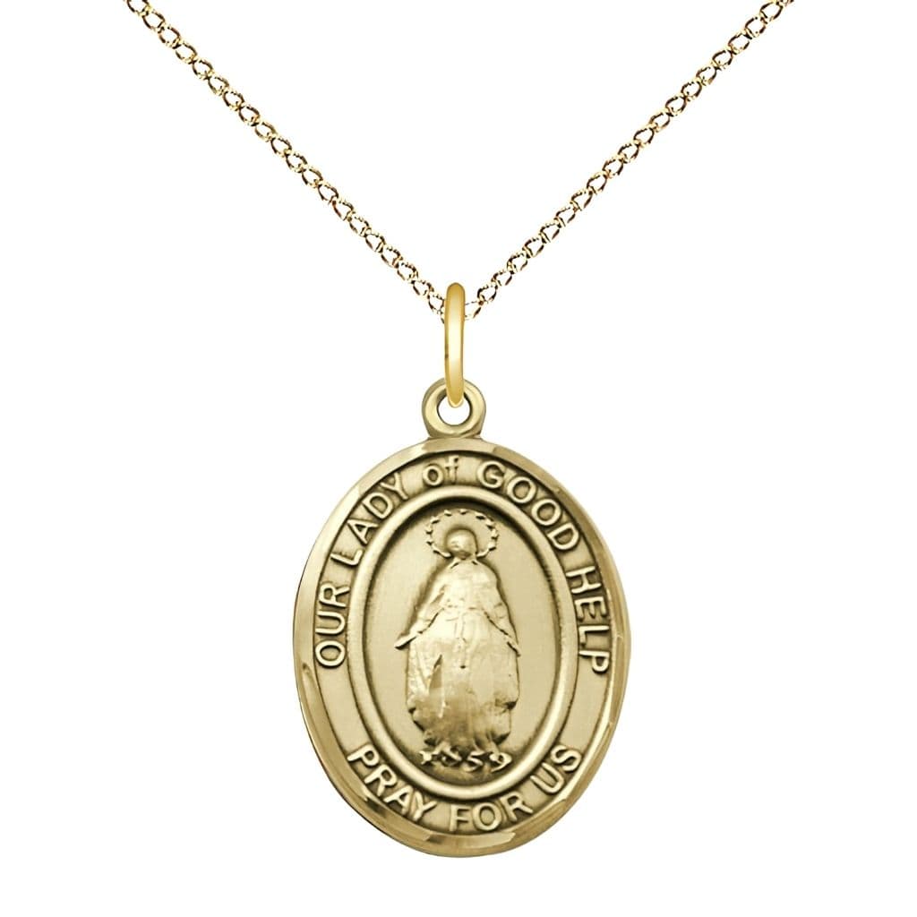 Bliss Our Lady of Good Help 14kt Gold Oval Medal with 18-inch 14kt Gold Chain, Size 3/4-inch,