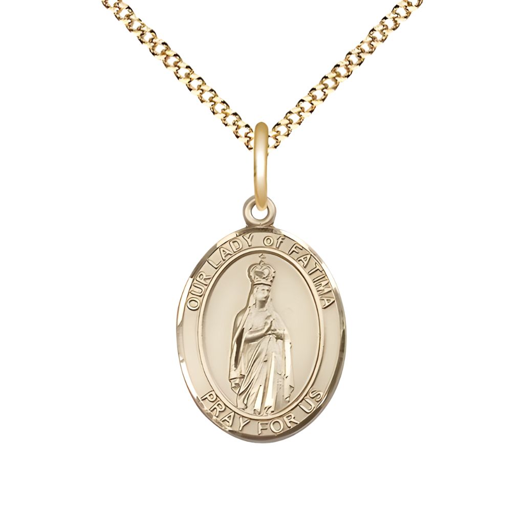 Bliss Our Lady of Fatima 14kt Gold-filled Oval Medal Pendant with Gold-plated Chain, Measures 3/4-inch tall by 1/2-inch wide. Deluxe Gift Box.
