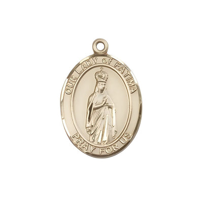 Our Lady of Fatima 14kt Gold Oval Medal Pendant, Measures 3/4-inch tall by 1/2-inch wide. Deluxe Gift Box, Bliss Manufacturing