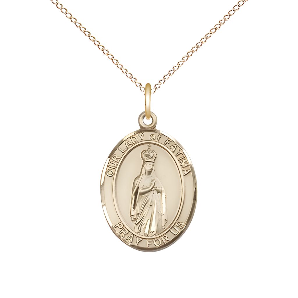 Bliss Our Lady of Fatima 14kt Gold Oval Medal Pendant with 14kt Gold Chain, Measures 3/4-inch tall by 1/2-inch wide. Deluxe Gift Box.