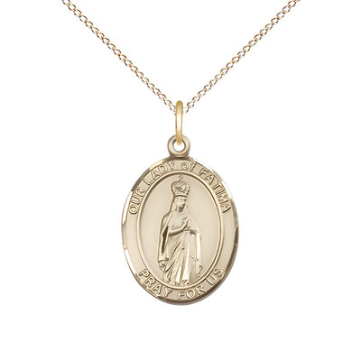 Our Lady of Fatima 14kt Gold Oval Medal Pendant with 14kt Gold Chain, Measures 3/4-inch tall by 1/2-inch wide. Deluxe Gift Box, Bliss Manufacturing