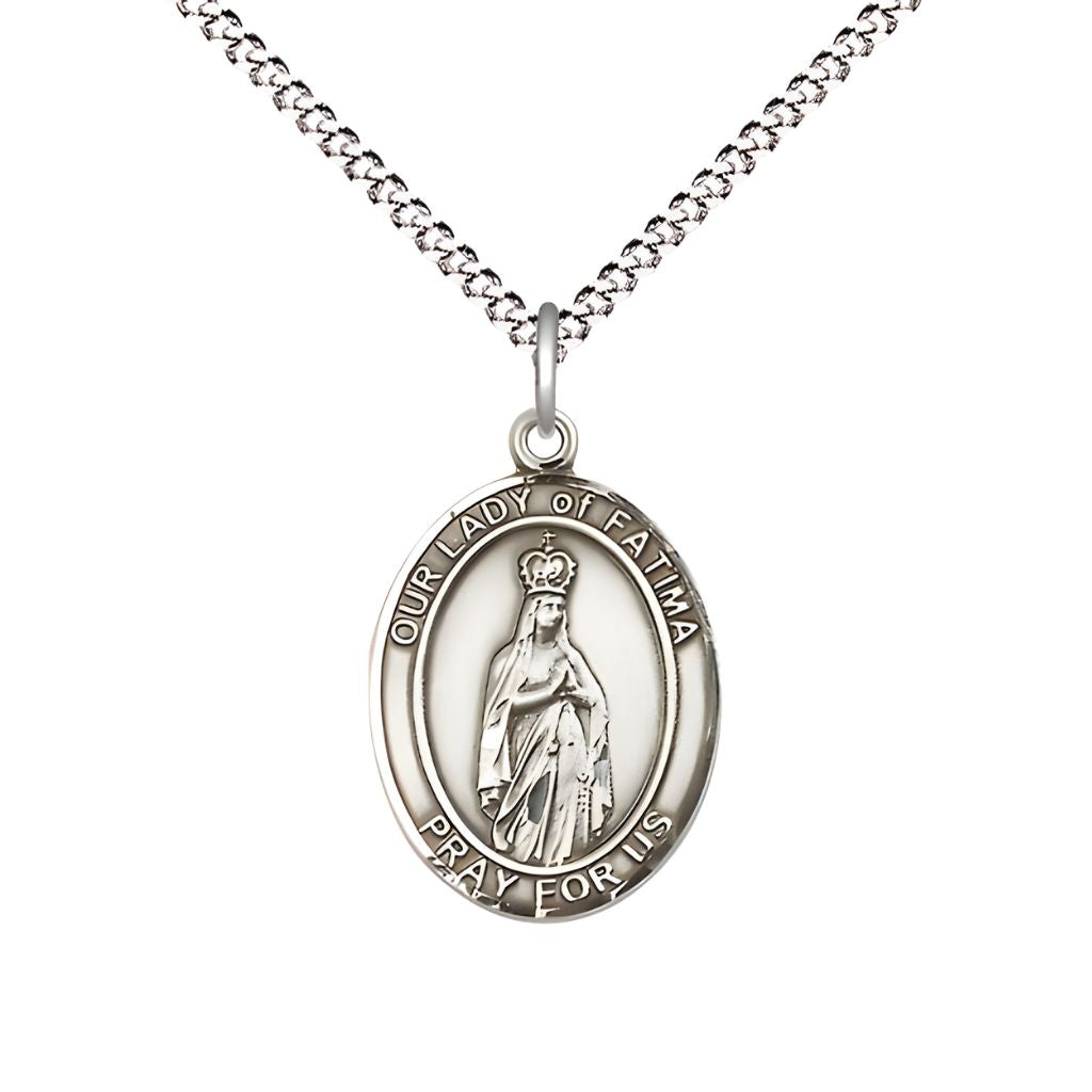 Bliss Our Lady of Fatima Pewter Oval Medal Pendant with Rhodium-plated Chain, Measures 3/4-inch tall by 1/2-inch wide. Deluxe Gift Box.