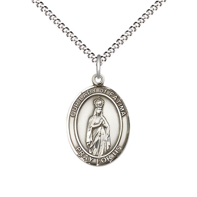 Our Lady of Fatima Sterling Silver Oval Medal Pendant with Rhodium-plated Chain, Measures 3/4-inch tall by 1/2-inch wide. Deluxe Gift Box, Bliss Manufacturing