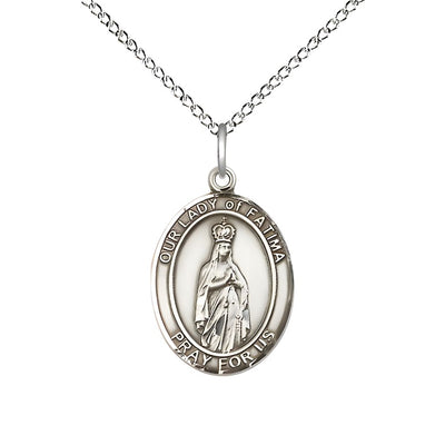 Our Lady of Fatima Sterling Silver Oval Medal Pendant with Sterling Silver Chain, Measures 3/4-inch tall by 1/2-inch wide. Deluxe Gift Box, Bliss Manufacturing