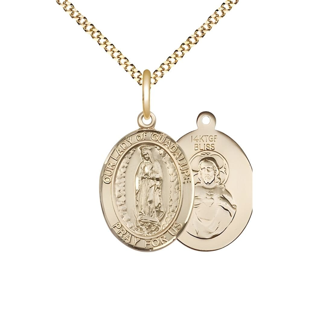 Bliss Our Lady of Guadalupe 14kt Gold-filled Oval Medal Pendant with Gold-plated Chain, Measures 3/4-inch tall by 1/2-inch wide.