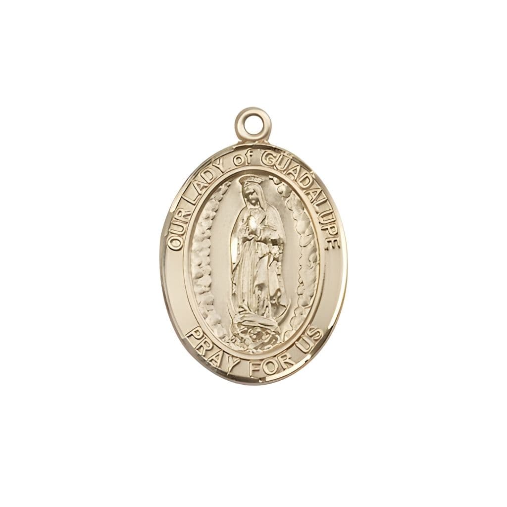 Bliss Our Lady of Guadalupe 14kt Gold Oval Medal Pendant, Measures 3/4-inch tall by 1/2-inch wide.