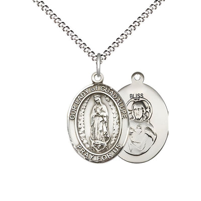 Our Lady of Guadalupe Pewter Oval Medal Pendant with Rhodium-plated Chain, Measures 3/4-inch tall by 1/2-inch wide, Bliss Manufacturing