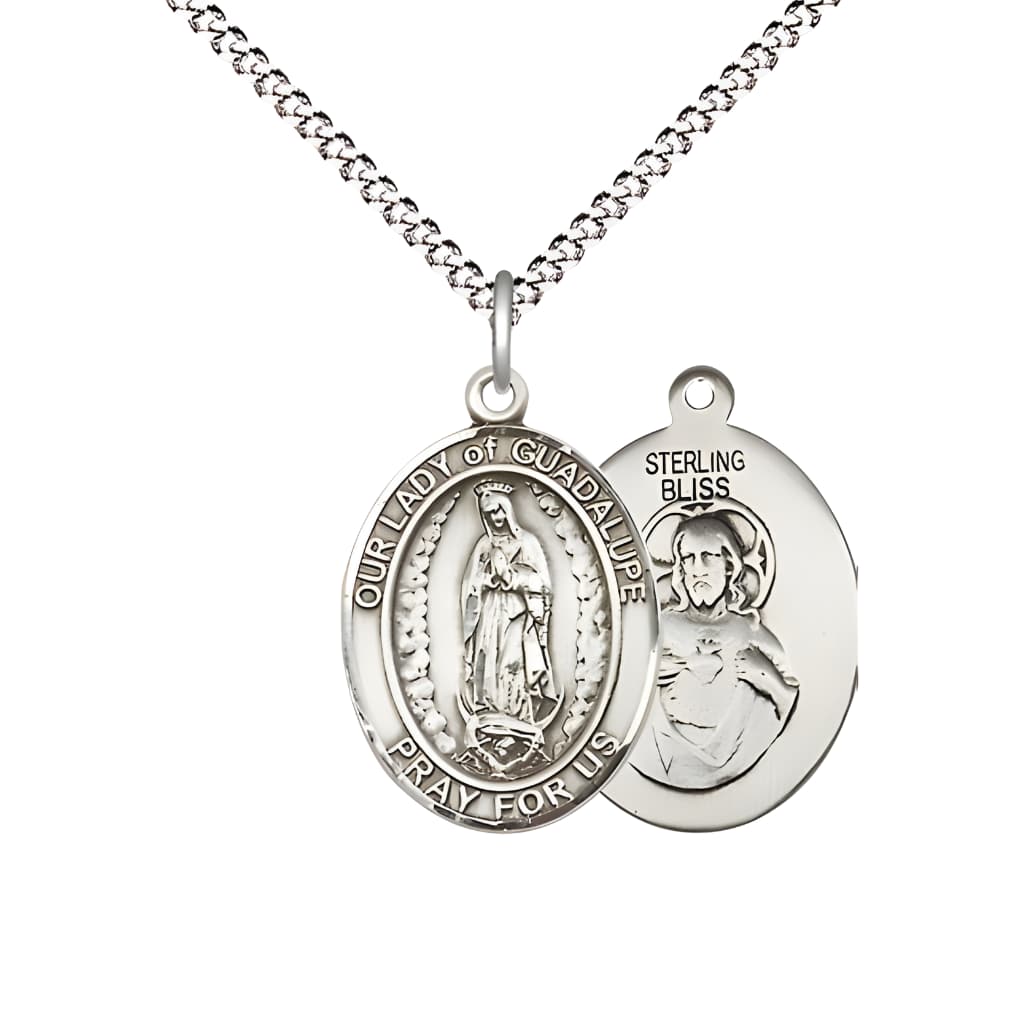 Bliss Our Lady of Guadalupe Sterling Silver Oval Medal Pendant with Rhodium-plated Chain, Measures 3/4-inch tall by 1/2-inch wide.