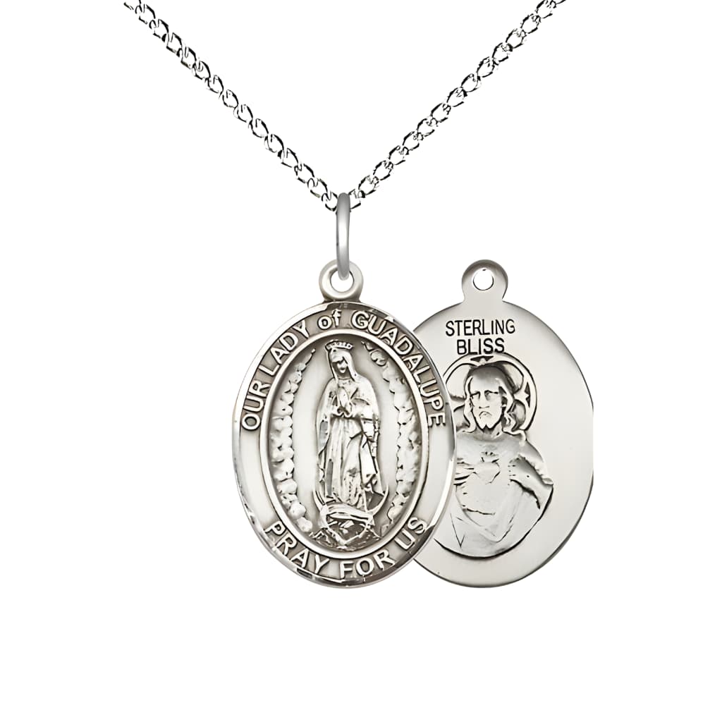 Bliss Our Lady of Guadalupe Sterling Silver Oval Medal Pendant with Sterling Chain, Measures 3/4-inch tall by 1/2-inch wide.