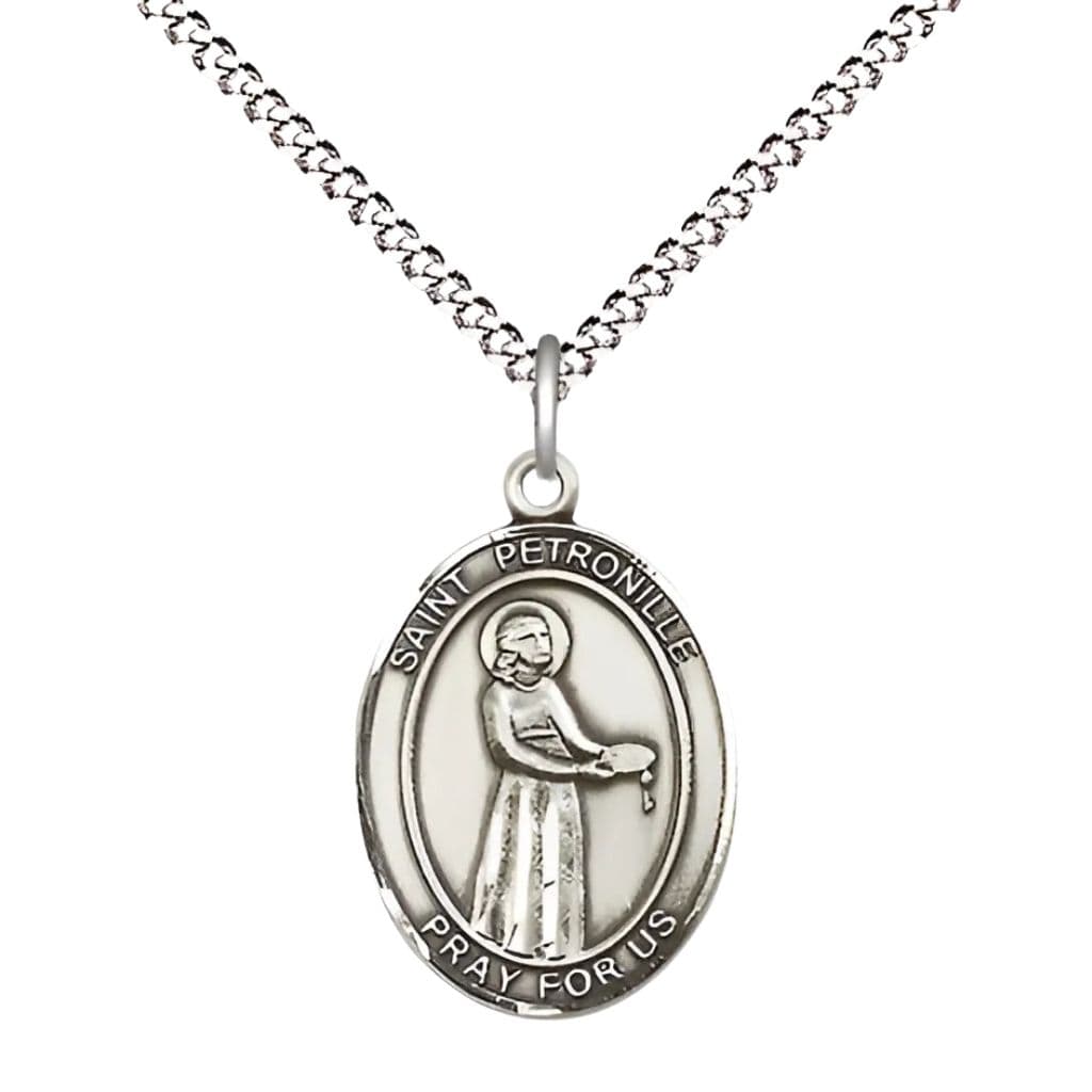 St. Petronille Pewter Oval Engravable Medal Necklace with Chain, 3/4-inch,