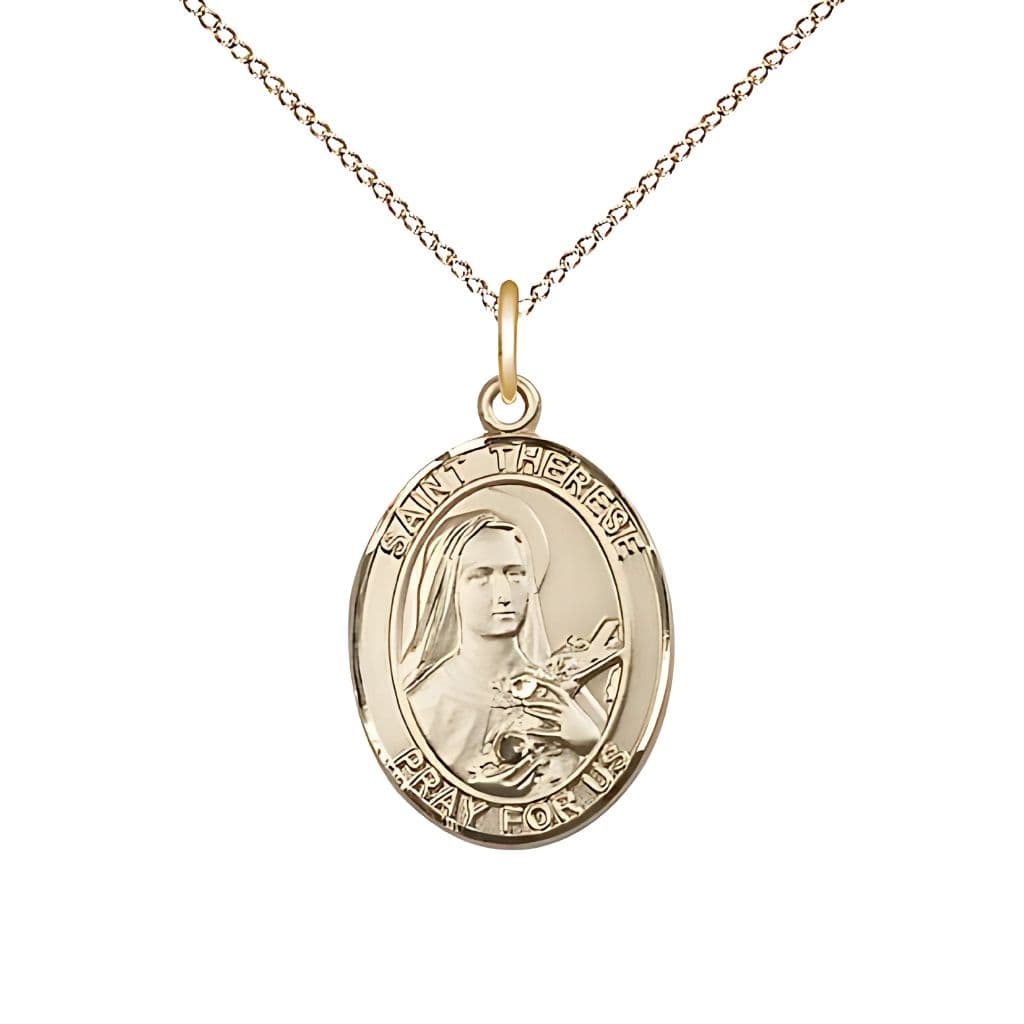 Bliss St. Therese of Lisieux 14kt Gold Oval Medal Pendant with 14kt Gold Chain, Measures 3/4-inch tall by 1/2-inch wide.