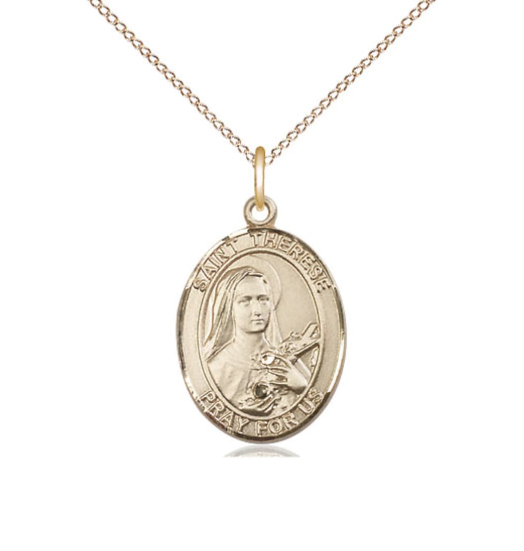 Bliss Medium 14kt Gold St Therese of Lisieux Pendant on a 18 inch 14kt Gold Light Curb Chain,