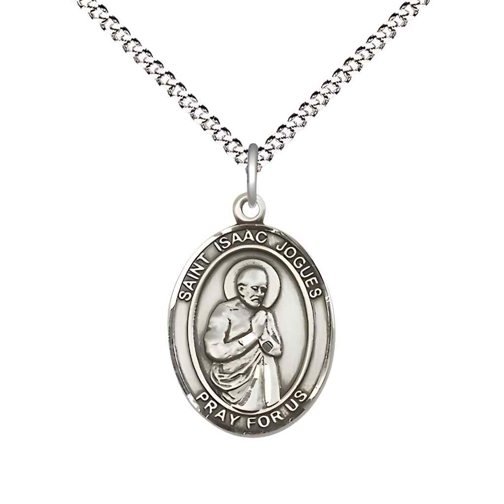 Medium Saint Isaac Jogues Pewter Oval Medal Pendant with Rhodium-plated Curb Chain with Deluxe Gift Box | Bliss Manufacturing