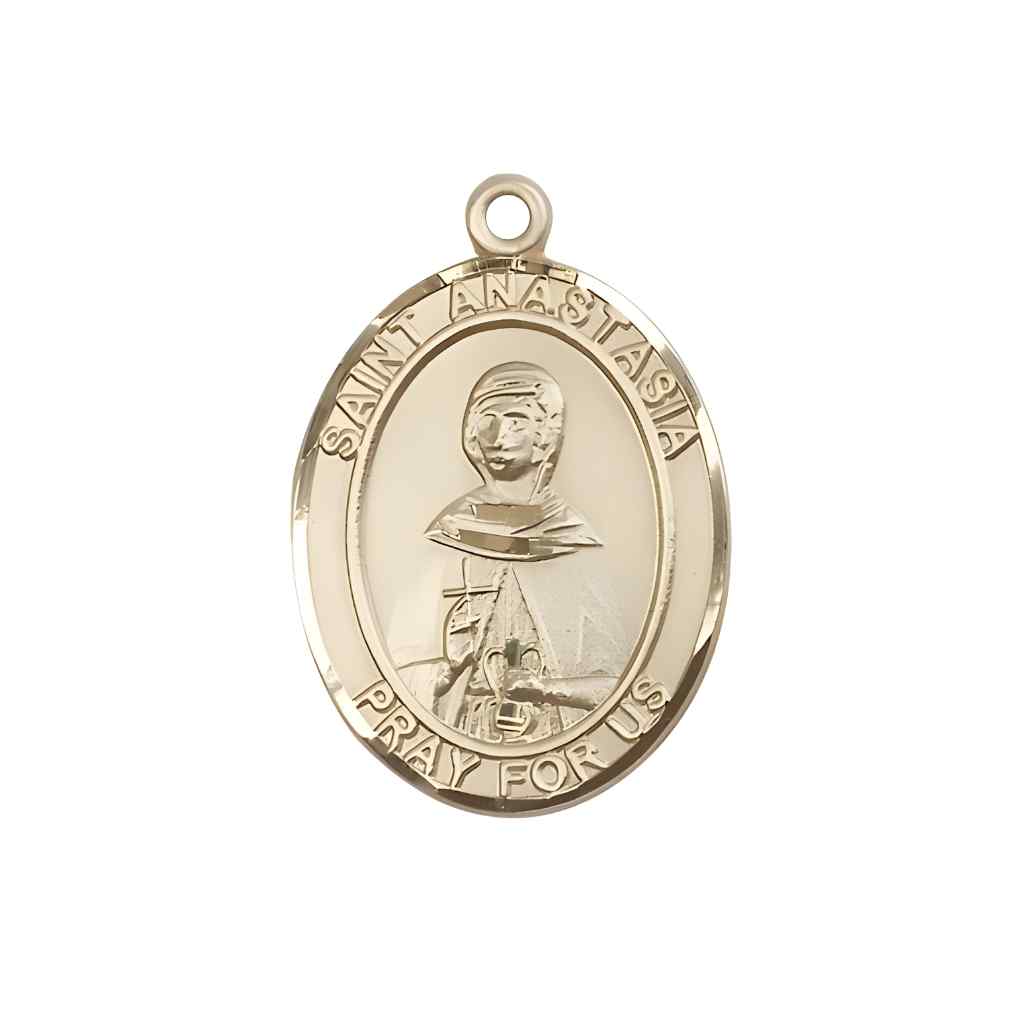 Medium Saint Anastasia 14kt Gold Oval Medal Pendant comes with Deluxe Gift Box | Bliss Manufacturing