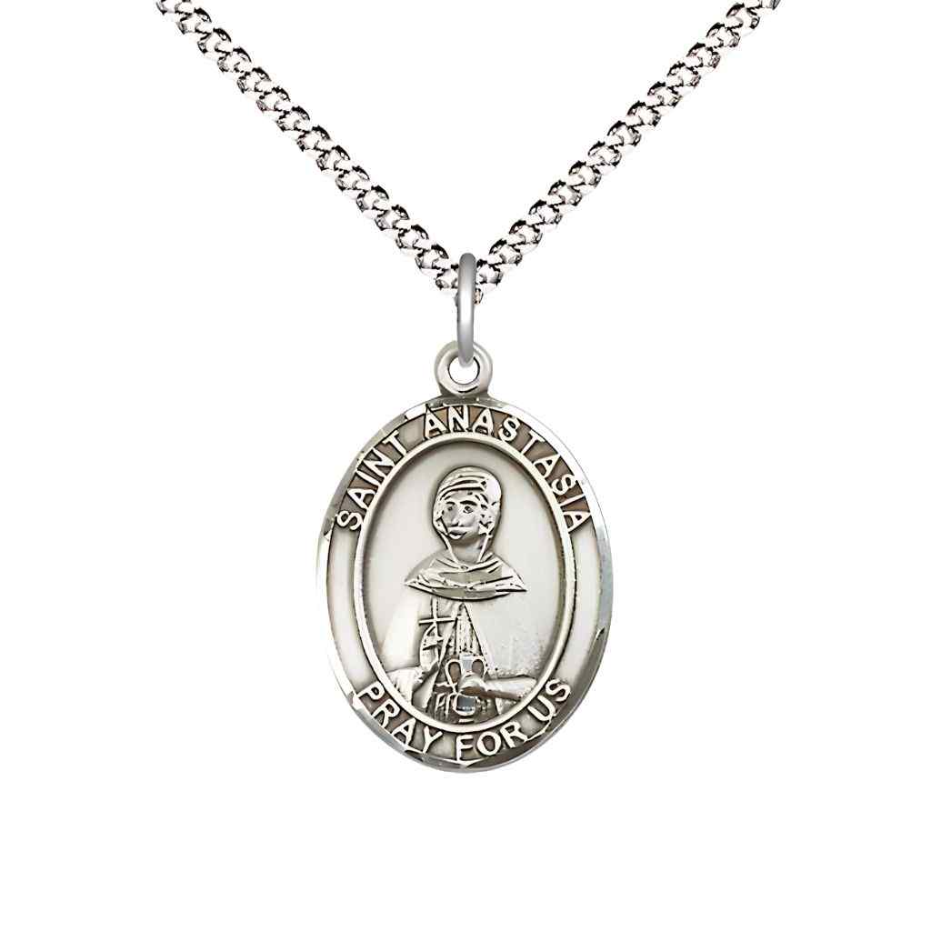 Medium Saint Anastasia Sterling Silver Oval Medal Pendant with 18" Rhodium-plated Curb Chain with Deluxe Gift Box | Bliss Manufacturing