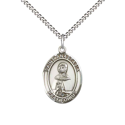 Medium Saint Anastasia Sterling Silver Oval Medal Pendant with 18" Rhodium-plated Curb Chain with Deluxe Gift Box | Bliss Manufacturing