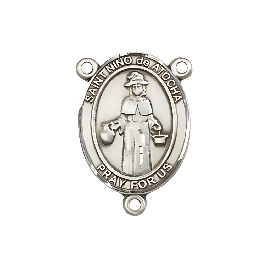 St. Nino de Atocha Engravable Silver Rosary Centerpiece, Measures 1-inch tall by 3/4-inch wide
