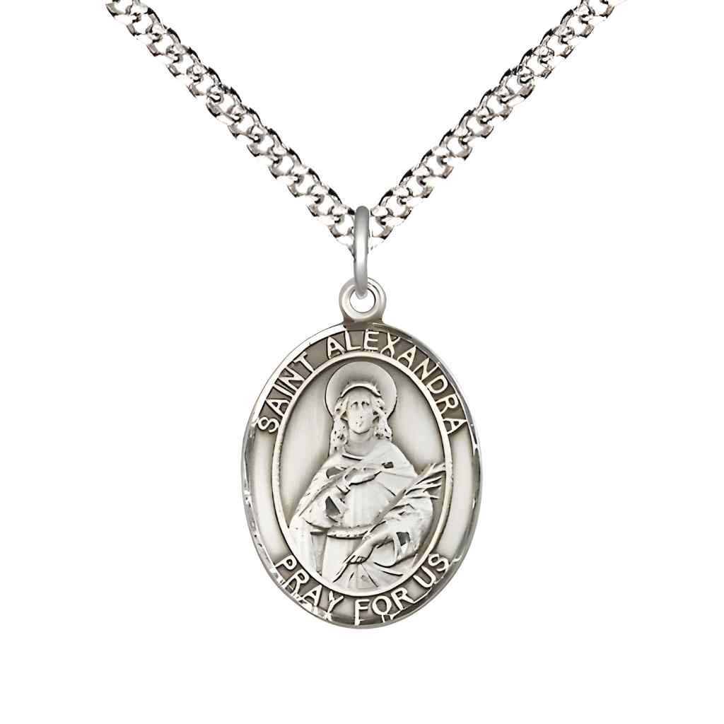 Medium Saint Alexandra Sterling Silver Oval Medal Pendant with 18" Rhodium-plated Curb Chain with Deluxe Gift Box | Bliss Manufacturing