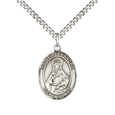 Medium Saint Alexandra Sterling Silver Oval Medal Pendant with 18" Rhodium-plated Curb Chain with Deluxe Gift Box | Bliss Manufacturing